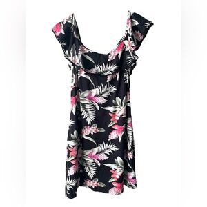 Tommy Bahama Tropical Floral Dress - Size Approx L - Black Pink Ruffle